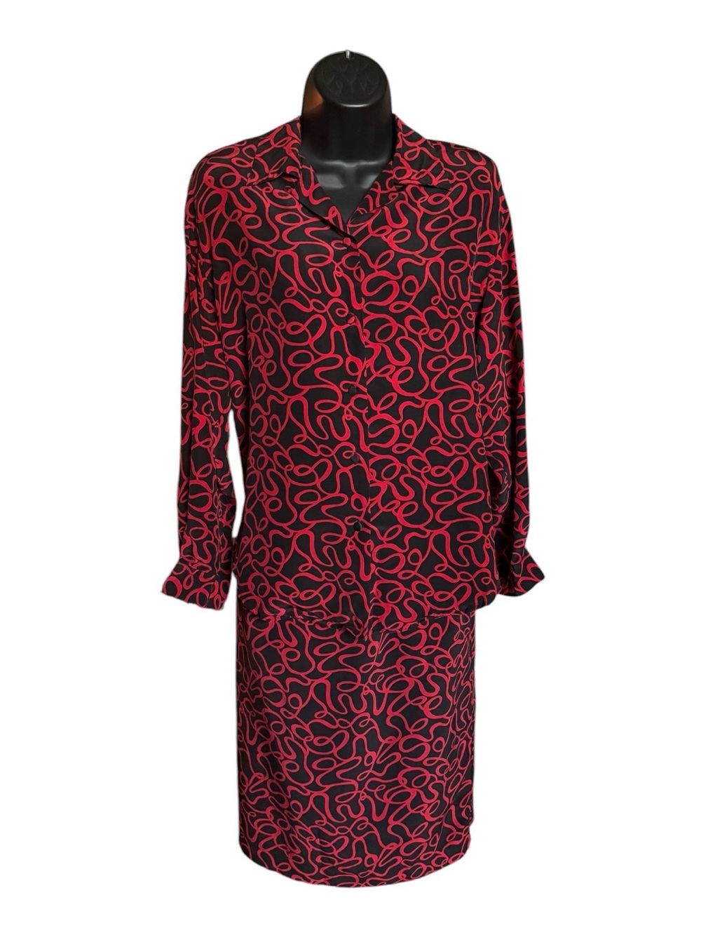 Vintage Ann May 100% Silk Red & Black Abstract Print Coordinated Blouse & Skirt